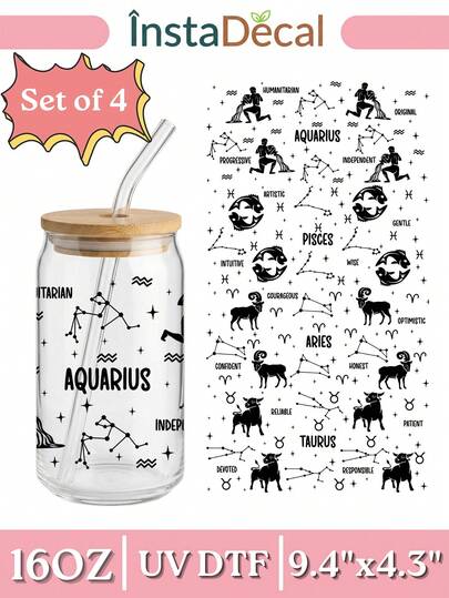 4 件/套 16 盎司玻璃杯 UV DTF 转印贴纸（9.4x4.3 英寸），无需加热，星座星座图案，简约黑色星象性格特征防水自粘贴纸，适用于 Libbey 易拉罐、保温杯等 DIY 生日礼物