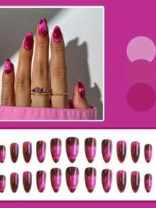 Monina 24pcs Asymmetrical Line Design Watermelon Pink Almond Bubble Wear Fake Nails, Elegant Chic Versatile Fashionable Nails, Ideal Gift For Women - Hot Pink - View 6