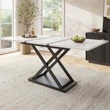 Telescopic Dining Table (120-160 X 80 Cm), Extendable Table, Space-Saving Kitchen Table, Black Iron Crossed Legs, For Kitchen And Living Room, White Marble Dining Table - White - View 2