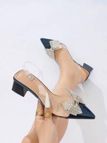 女士水钻蝴蝶结装饰尖头透明粗跟套脚高跟鞋，优雅舒适，适合春、夏、秋、冬各季节的派对、婚礼、正式场合，海军蓝PVC透明高跟鞋 - 藏蓝色 - 查看 1