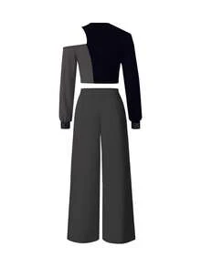 2件套女士休闲修身印花长袖圆领T恤和直筒裤，春夏款 - 灰色 - 查看 6