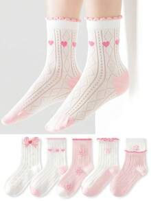 5 Pairs Kids Cartoon 3D Bow Socks, Girls Toddler Breathable Mid-Calf Socks With Heart Mesh Design, Suitable For Casual Daily Wear - Multicolor - View 6