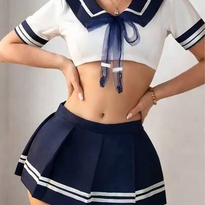 Cosplay 校服三件套（上衣、百褶裙、丁字裤），柚子派对服装，清纯学生制服，适合情人节、万圣节、可爱角色扮演水手服