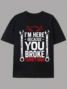Men'S Humorous "I'm Here Because You Broke Something" Graphic T-Shirt - Casual Short Sleeve Crew Neck, White With Red & Black Wrench Design, Perfect For Summer & Spring Outdoor Wear, Spring Casual Wear | Humorous Graphic Tee | Comfortable Fit - 黑色 - 查看 2