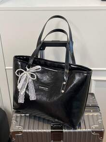 1 pieza Bolso de mano grande de unicolor con decoración de perla nueva de primavera, de PU negro, bolso de hombro para mujer - Negro - Ver 2