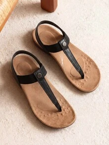 Women's Arch Support T-Strap Sandals Comfortable Orthotic Flat Sandals Thong Sandals For Casual Summer Walking - 黑色 - 查看 1