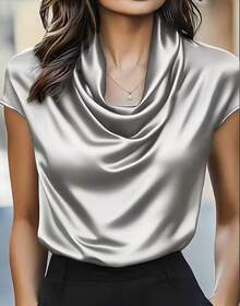 New Women's Clothing With A Draped Collar And A Draping Effect, Short-Sleeved Top, Versatile Shirt For Women - 酒紅色 - 查看 9