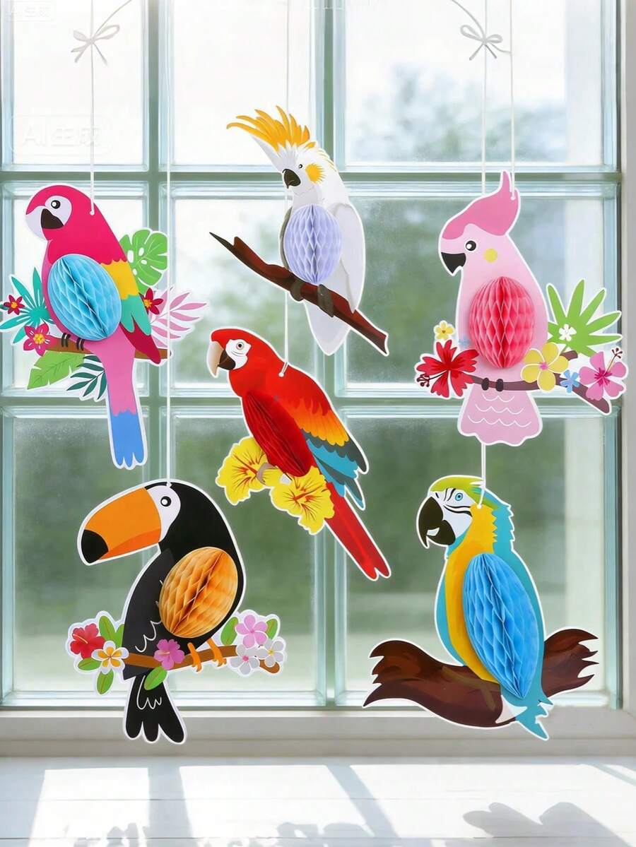 Set de 6 piezas/3 piezas Decoración colgante de nido de loro tropical hawaiano, decoraciones de fiesta tropical de bar, decoración de fiesta de jardín con tema de selva tropical - Multicolor - Ver 1