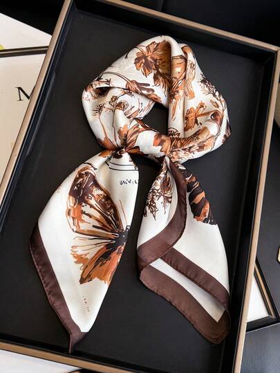 1 件花朵蝴蝶印花头巾薄款防晒披肩女士发巾仿丝绸方巾手提包头巾适合海滩、街头、日常、度假、时尚手提包装饰丝带。