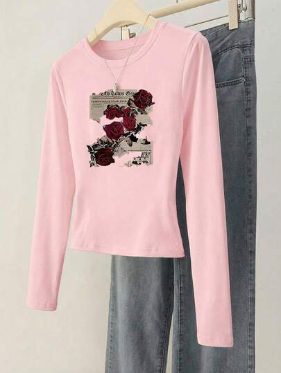 This Women's Pink Casual Short Sleeve T-Shirt Features A Vintage Newspaper Rose Print Design, With A Round Neck And Letter Print Cuffs, Very Suitable For Women's Summer Outings.