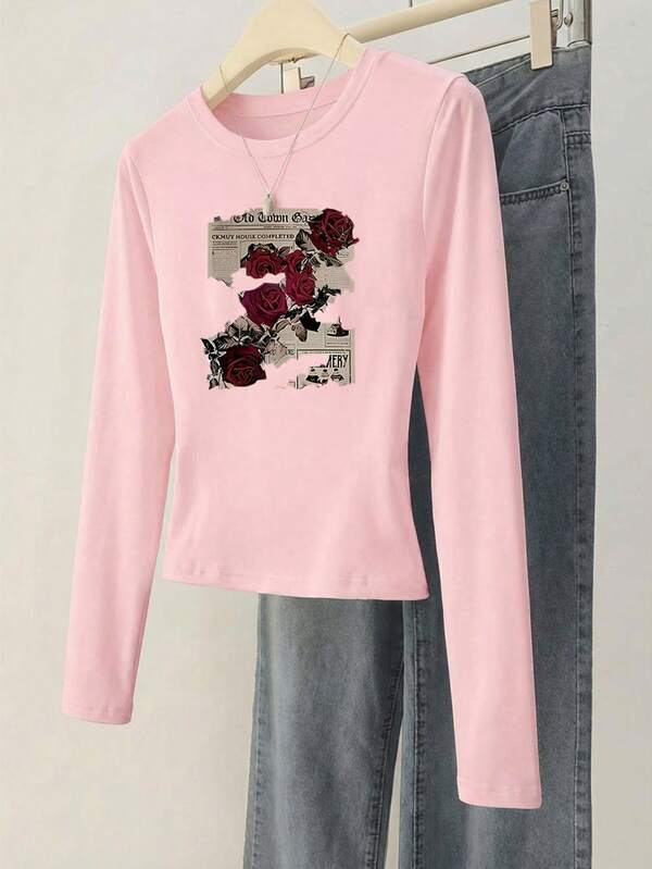 This Women's Pink Casual Short Sleeve T-Shirt Features A Vintage Newspaper Rose Print Design, With A Round Neck And Letter Print Cuffs, Very Suitable For Women's Summer Outings.
