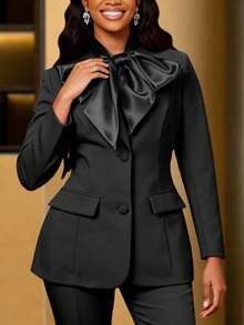 Áo khoác blazer nữ màu đen thanh lịch với nơ satin lớn, tay dài, thích hợp cho các dịp công sở trang trọng, mùa xuân. - màu đen - Xem 6