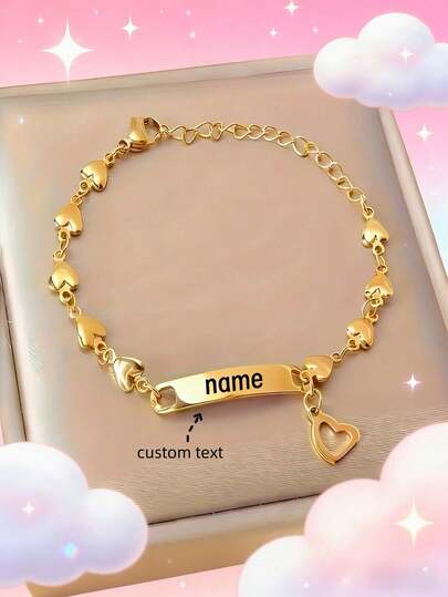 Vòng tay khắc chữ theo yêu cầu dành cho nữ, vòng tay mặt dây chuyền hình trái tim bằng thép không gỉ mạ vàng, có thể điều chỉnh kích thước, khắc tên cá nhân - Phụ kiện đa năng hàng ngày, món quà lý tưởng cho các dịp lễ hội và sinh nhật.