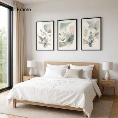 Japandi抽象墙画三件套，中性植物艺术，鼠尾草绿极简装饰，日式禅意墙画，现代客厅艺术，中性鼠尾草米色植物抽象艺术家居装饰，无框