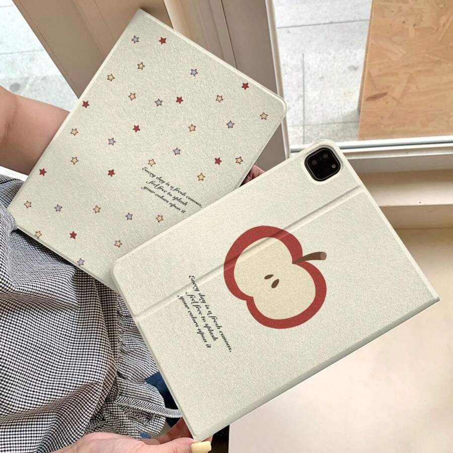 Ốp lưng bảo vệ hình cuốn sách, ngôi sao nhiều màu sắc dễ thương và quả táo đỏ, tương thích với Apple thế hệ thứ 11, Pro 2025, thế hệ thứ 10, Air 7/6, 11 inch, thời trang cho cả bé gái và bé trai. - Màu be - Xem 1