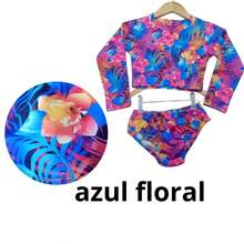 Children's And Teen Bikini Set + Long-Sleeved Top With Mermaid Print, UV Protection, Beachwear - 藍色花卉 - 查看 1