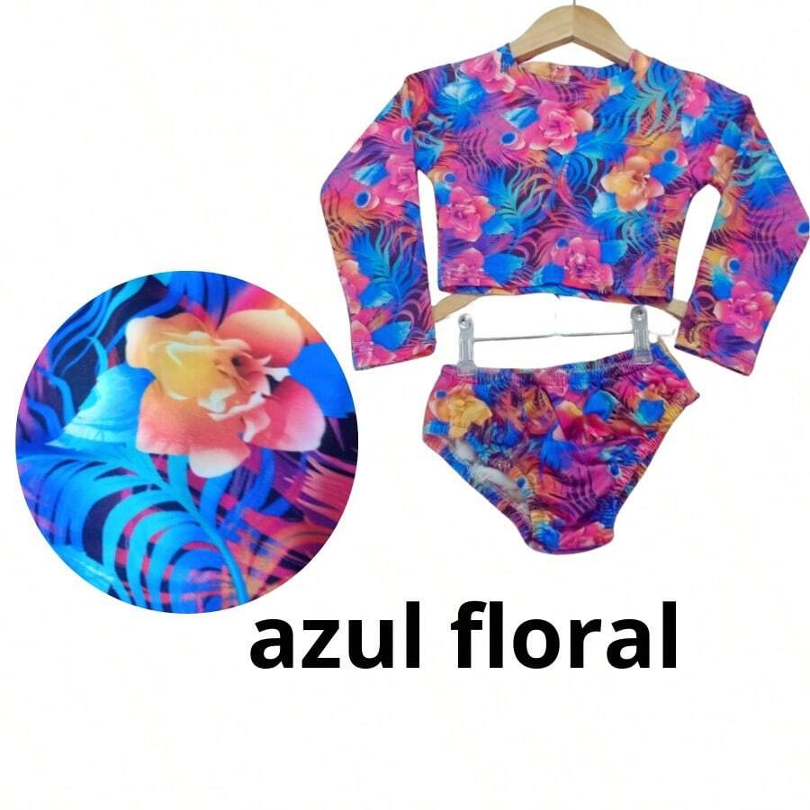 Children's And Teen Bikini Set + Long-Sleeved Top With Mermaid Print, UV Protection, Beachwear - 藍色花卉 - 查看 1