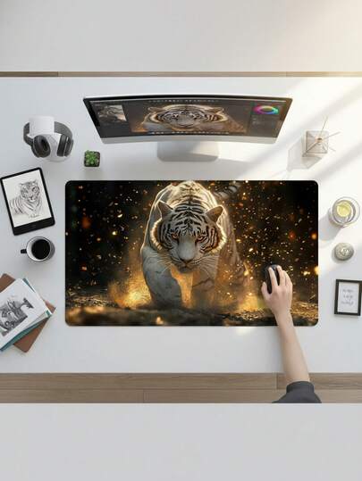 Large Size Waterproof Non-Slip Smooth Cloth Surface White Tiger & Gold Dust Pattern Mouse Pad, Also Suitable As Keyboard Pad, Desk Mat Or Book Stand, Suitable For Gamers, Office And Dorm Use, Compatible With Mouse And Trackball, Great Gift For Gamers