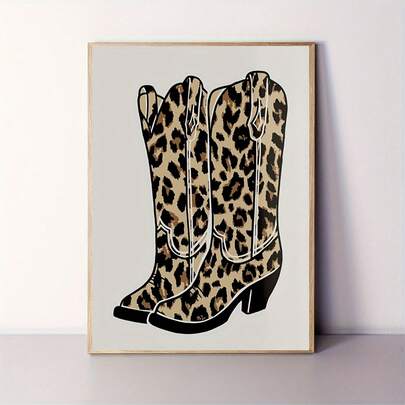 1 Pc Unframed Canvas Wall Art Posters Featuring A Leopard Print Cowboy Boot Design: A Stylish, Artistic, Fun, And Creative Wall Arts Decoration Suitable For Bedrooms, Kitchens, Living Rooms, And Bathrooms.