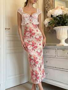 Perirose 女士优雅花卉蕾丝边中长连衣裙，时尚可爱甜美心形领连衣裙，浪漫玫瑰印花修身连衣裙，适合春季度假、花园派对等场合。 - 彩色 - 查看 8