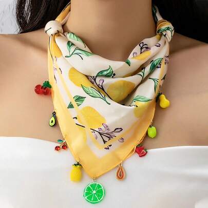 1 chiếc khăn quàng cổ phong cách Bohemian mùa hè với mặt dây chuyền hình trái cây, khăn quàng cổ in hình chanh, khăn yếm kiểu dáng nổi bật với mặt dây chuyền hình quả anh đào, trang sức phong cách nghỉ dưỡng dành cho nữ.