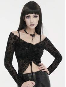 Devil fashion Blusa de encaje con hombros descubiertos y cordón, camiseta interior transparente de manga larga con estampado de cruz y rosa en estilo gótico - Negro - Ver 4