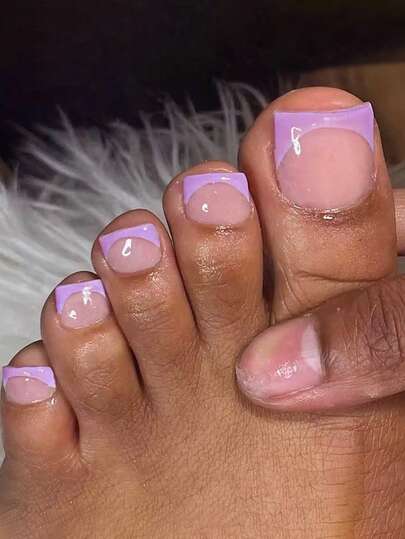 24pcs Elegant Purple French Press-On Nail Set - Smooth Short Square Fake Nails With Purple Trim, Suitable For Women And Girls, Nail Accessories