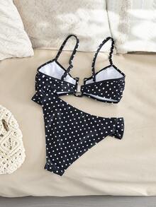 女士优雅休闲V领露背泳装套装，沙滩度假泳装 - 黑色 - 查看 4