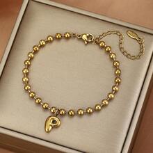 26 piezas Pulsera con dijes de letras iniciales, pulsera de acero inoxidable con cuentas doradas con letras de burbuja, adecuada para uso diario de mujeres, la caja de regalo es solo para fines de fotografía - Dorado - View 27
