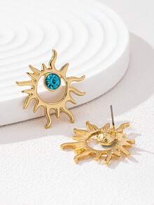 1 Coppia di eleganti orecchini a bottone con strass a forma di sole, gioielli minimalisti adatti per uso casual, vacanze, appuntamenti e occasioni festive - Dorato - Visualizzare 5