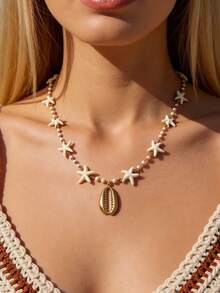 Mazuer 1pc 18K Gold Plated Starfish, Shell, Octopus Pendant Beaded Necklace, Bohemian Style Stainless Steel Jewelry For Women, Suitable For Vacation And Daily Wear, Layering Accessory - Yellow Gold - View 3