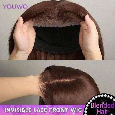 即戴即走 8-34 英寸无胶 4x4 5x5 13x4 13x6 高清透明蕾丝前假发，适合初学者的无胶直发波波头假发，巴西原生高清蕾丝闭合假发，巧克力色混纺发丝，200% 密度，预先拔毛并带有婴儿发。