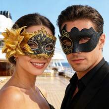 Unisex Masquerade Mask, Carnival And Venetian Costume Mask, Women's Side Flower Eye Mask, Suitable For Christmas, Halloween, Costume Party, Couple Masquerade Ball Mask Set, Venetian Party Mask - Gold - View 2