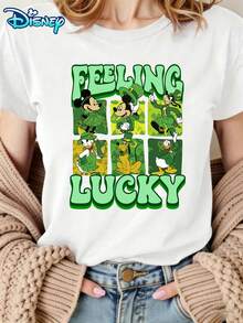 Disney Women's Mickey & Friends "Feeling Lucky" St. Patrick's Day Character Grid Cartoon Pattern Short-Sleeved T-Shirt - Lucky Clover Theme Round-Neck Top, Soft Cotton Breathable Fabric, Summer Casual Vacation Style, Fun Design, Suitable For St. Patrick's Day Celebrations & Amusement Scene Enthusiasts, Breathable And Comfortable - White - View 1