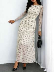 Women's Gothic Sexy & Elegant Modern Contrast Stripe Asymmetrical Ruffle Waist Double-Layer Mesh Long Sleeve Dress, Suitable For Dates, Vacations And Daily Commute Spring - Apricot - View 4