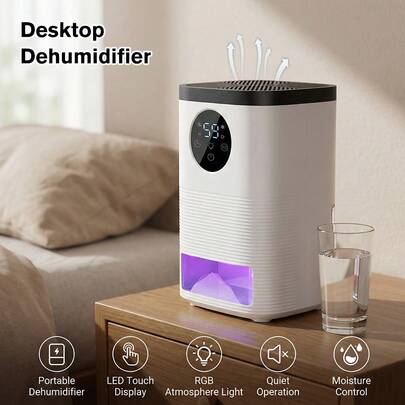 Dehumidifier, Electric Dehumidifier, 1400ml, Quiet Dehumidifiers For Home, Electric Dehumidifier Small With Automatic Shut-Off,  LED Touch Display, RGB Atmosphere Light, Moisture Control