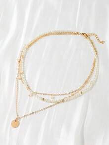 1 buah Kalung Mutiara Imitasi Berlapis Gaya Bohemian, Kalung Choker Liontin Cakram Manik-manik CCB untuk Wanita - Emas - View 3