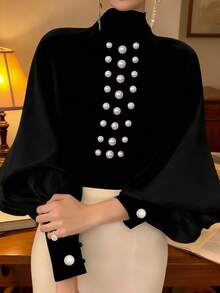 Women's Elegant Pearl Decor Lantern Sleeve Blouse, Fashionable Loose Tie Waist Design For Party, Office Wear - Black - View 2