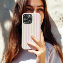 Burgundy And Pink Striped Phone Case, Retro Minimalist Vertical Stripe Design, Vintage Aesthetic Style, Compatible With IPhone 17/16/15/14/13/12/11 Pro Max - 粉紅色-1 - 查看 3