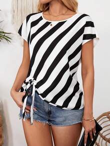 休闲夏季度假条纹打结圆领无袖蝴蝶结下摆开衩女式衬衫 - 黑與白 - 查看 6