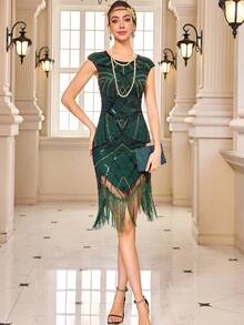 Đầm Flapper cổ điển thập niên 1920, đính cườm, sequin và tua rua, kiểu Gatsby, thích hợp cho tiệc cocktail, màu xanh đậm, đám cưới, mùa xuân. - Màu xanh lá cây đậm - Xem 6