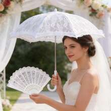 2件套蕾丝伞和蕾丝塑料扇婚礼配饰套装，欧式新娘伞，户外婚礼装饰伞扇套装，最佳礼物，婚礼摄影道具，适合婚礼和舞蹈表演；白色新娘扇，白色折叠扇，大型手持扇，适合单身派对和婚礼装饰 - 彩色 - 查看 4