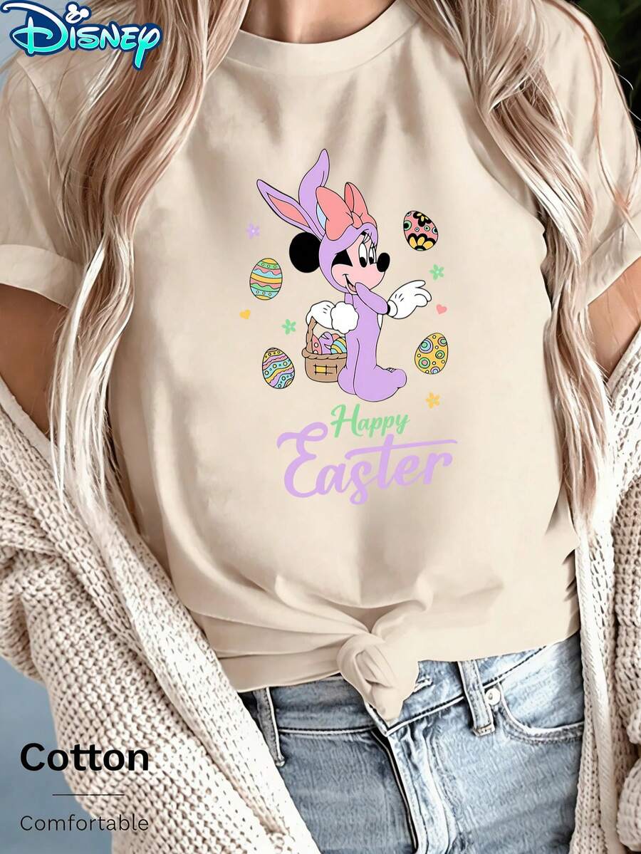 Disney Women's Minnie Mouse "Happy Easter" Bunny Outfit & Egg Basket Short-Sleeved T-Shirt - Easter Egg & Typography Theme Round-Neck Top, Soft Cotton Breathable Fabric, Summer Casual Style, Suitable For Easter Celebrations - Apricot - View 1