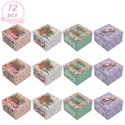 12 Pack Happy Mother's Day Kraft Paper Cookie Boxes With Transparent Window, Mothers Day Bakery Treat Candy Floral Gift Boxes For For Mothers Day Best Mom Ever Birthday Party Supplies