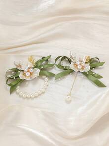 1/2片白色三角叶，配绿色丝带和小珠子，高端新郎/伴郎胸花，适合新娘、伴娘、婚礼、订婚、舞会、派对装饰、日常佩戴 - 綠色 - 查看 2