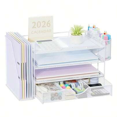 Detachable Four-Tier Desktop Storage Rack/File Holder; Drawer-Style Metal Perforated Storage Rack/File Frame For Archives And Documents; Wrought Iron Metal Desktop Office Supplies Stationery Document Frame; File Rack Storage Shelf; 4-Tier Metal Mesh Office Supplies Paper Organizer; Multi-Layer Desktop File Rack/Wrought Iron Office Stationery Storage Rack.