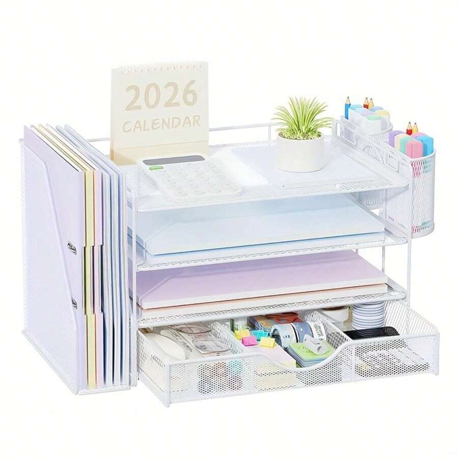 Detachable Four-Tier Desktop Storage Rack/File Holder; Drawer-Style Metal Perforated Storage Rack/File Frame For Archives And Documents; Wrought Iron Metal Desktop Office Supplies Stationery Document Frame; File Rack Storage Shelf; 4-Tier Metal Mesh Office Supplies Paper Organizer; Multi-Layer Desktop File Rack/Wrought Iron Office Stationery Storage Rack. - Sets - View 1