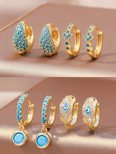  4pcs/Set Fashionable Elegant Flower, Eye, Water Drop, Geometric Round Earrings Set, Inlaid With Turquoise And Blue Cubic Zirconia, Decorative Earrings Gift For Women