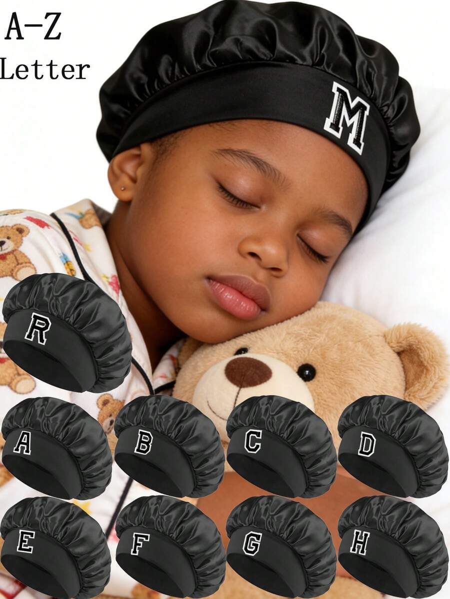 1 Pc A-Z Letter Hats Kids' Bonnet Hat Set Elastic & Printed & Comfortable Headwear Sleeping Cap - Black - View 1
