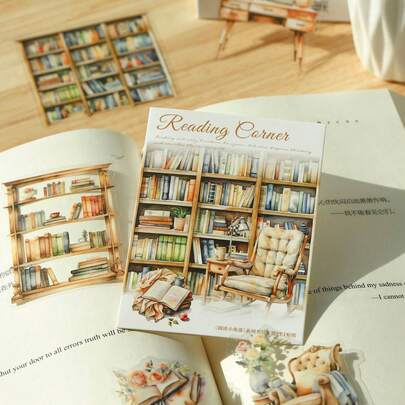 20pcs/Pack Vintage Reading Corner Book Landscape Collage Stickers, PET Sticker Pack, Scrapbooking Supplies, Floral, Books, Home Decor, Cute Stickers, Waterproof, Stationery Supplies